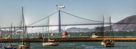 United 747, Golden Gate Bridge.